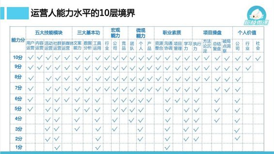 374 如果运营水平满分为10分，那1 10分分别要掌握哪些技能？标准是什么？